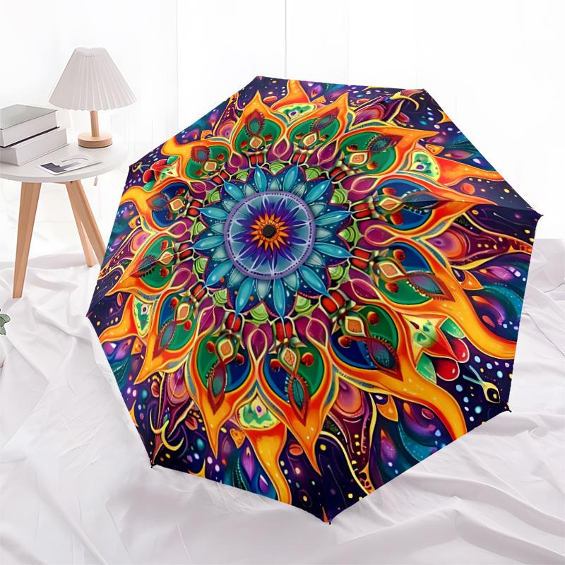 1pc Psychedelic Mandala Art Automatic Umbrella - 8-Rib Durable Frame, Portable Fashion Accessory & Holiday Gift Yy251117151