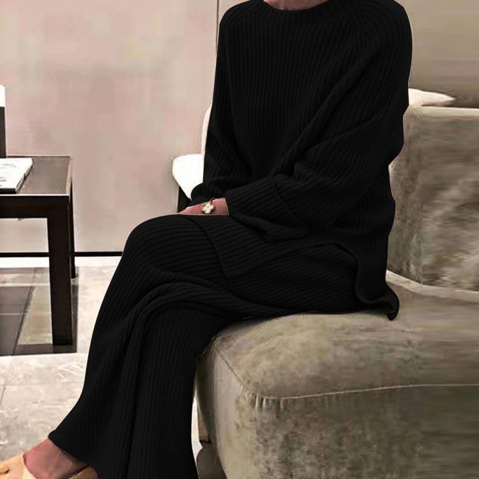 

Женский однотонный вязаный топ с длинным рукавом и круглым вырезом, эластичные брюки, повседневный комплект из двух предметов, без карманов S