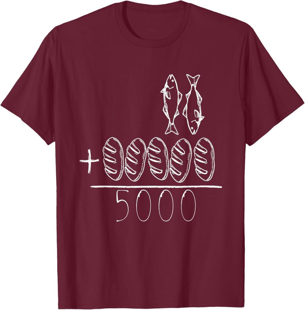 Die Speisung der 5000 Wunder Fisch Brot Jesus Christliche Bibelvers Grafik T-Shirt Herren Freizeit Kurzarm