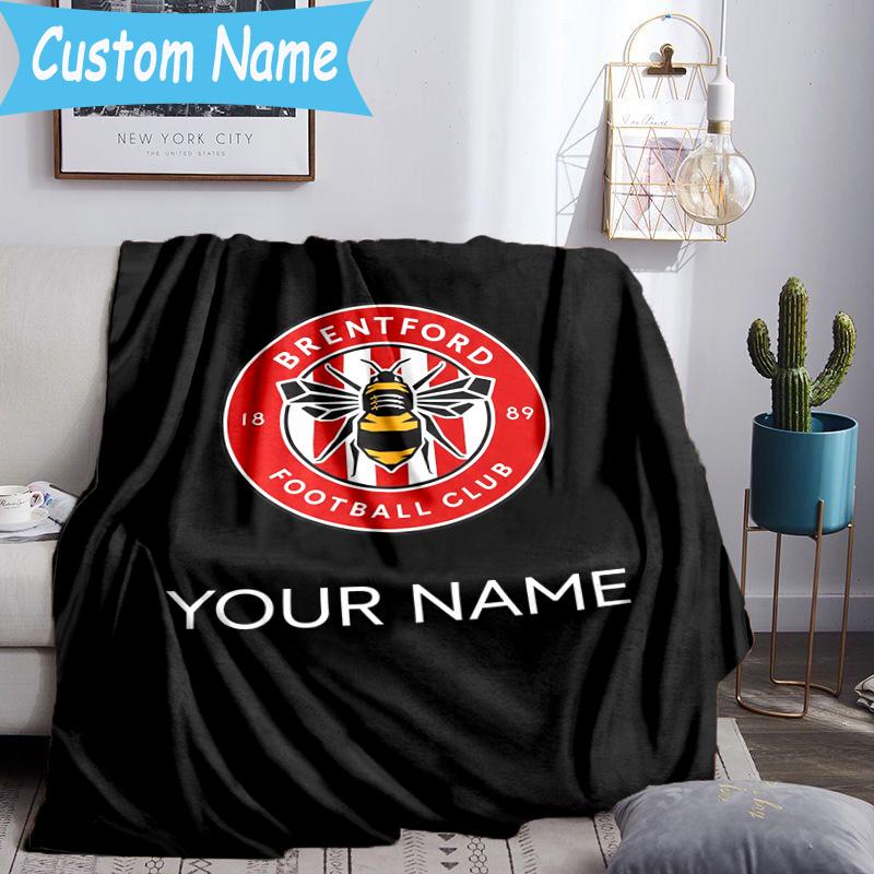 Custom Name Brentford Football Club Crest Flannel Blanket, Use for Birthday/Holiday Gift, Soft Blanket for Sofa/Bed/Camping/Office, Home Decor