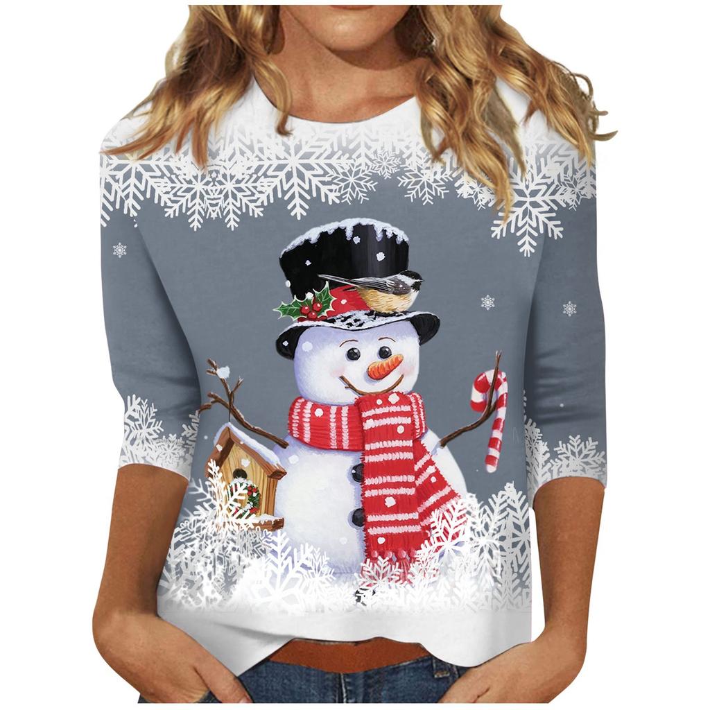 Spring and Autumn Round Neck Christmas Themed Pattern 3D Printed Top Fashionable Casual Long Sleeved Women's T-shirts