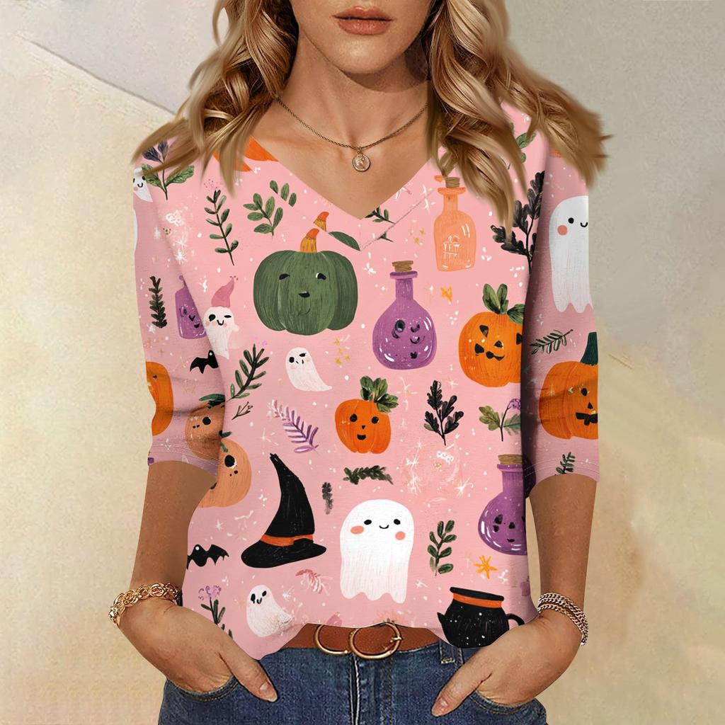 Women's Fashion Casual Halloween Print V Neck Three Quarter Sleeve Top Lightweight Comfortable Fit Stylish Design