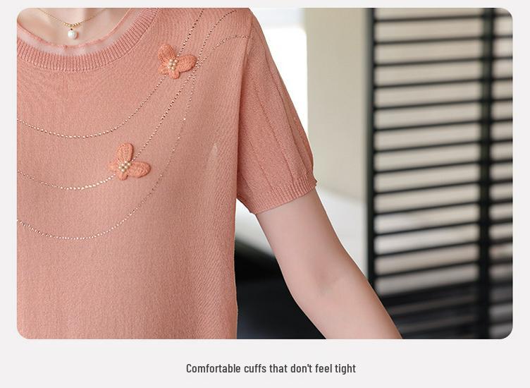 Mother's Day Summer Ice Silk T-shirt for Middle-Aged Women - Short Sleeve, Age-Reducing, Loose Fit