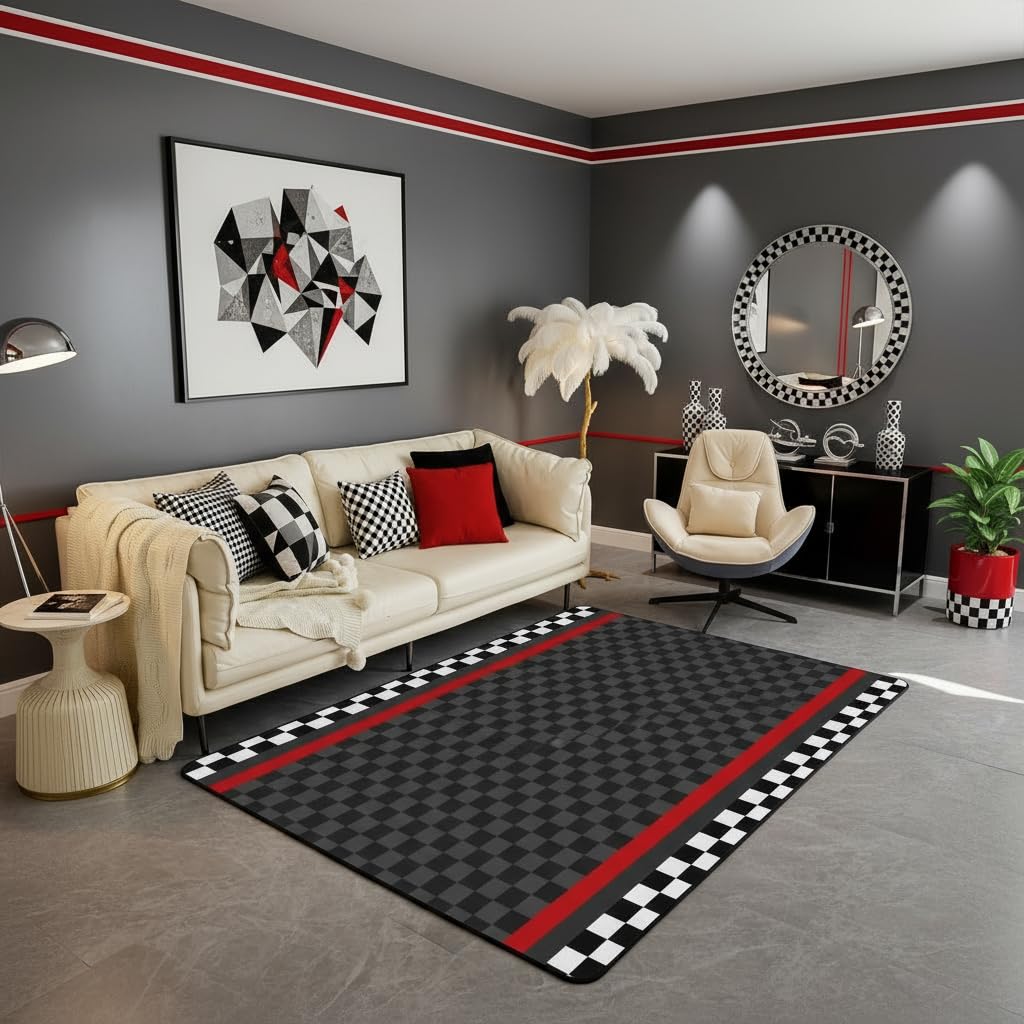 Racing Sports Car Rug, Checkered Flag Yellow Splash Print, Non-Slip Washable Soft Mat for Living Room Sofa Dining Room Indoor
