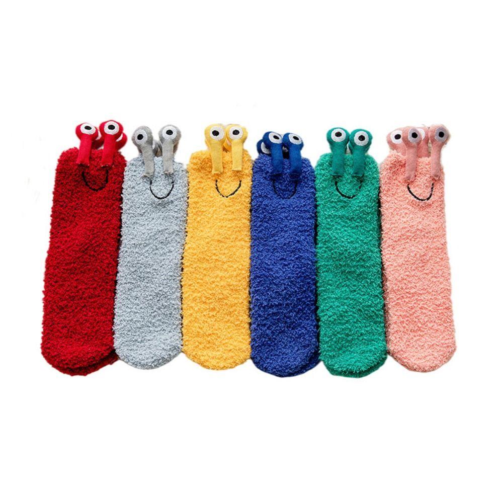 Cartoon Funny Tube Socks 3D Eyes Furry Plush Sock Kawaii Coral Fleece Socks  Girls