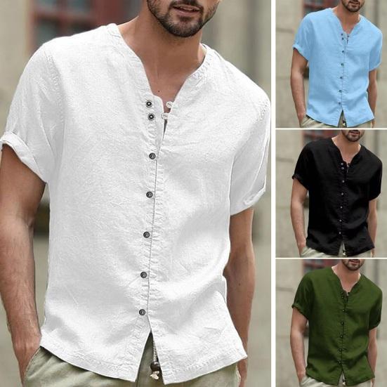 

Retro Style Summer V-neck Tops Casual Short Sleeve Single Breasted Solid Color Loose Fit Shirt Tops Workwear