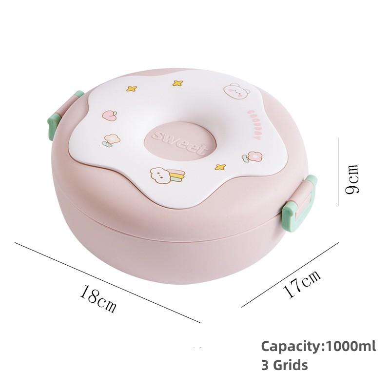 

Ланч-бокс для школьника, коробка для закусок, пончик, мультфильм, герметичная коробка для бенто, пакеты для ланча с вилкой, ложкой, 3 отделениями, можно использовать в микроволновой печи 3&1000ml&1