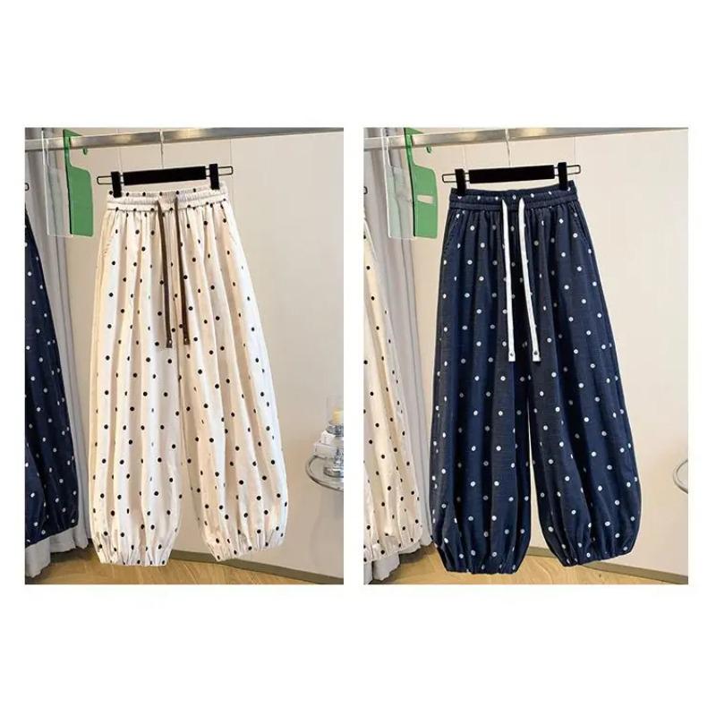 2026 Summer Cotton Linen Polka Dot Trousers Women's Loose Wide Leg Versatile Nine Point Harem Pants Korean Version Lantern Pants