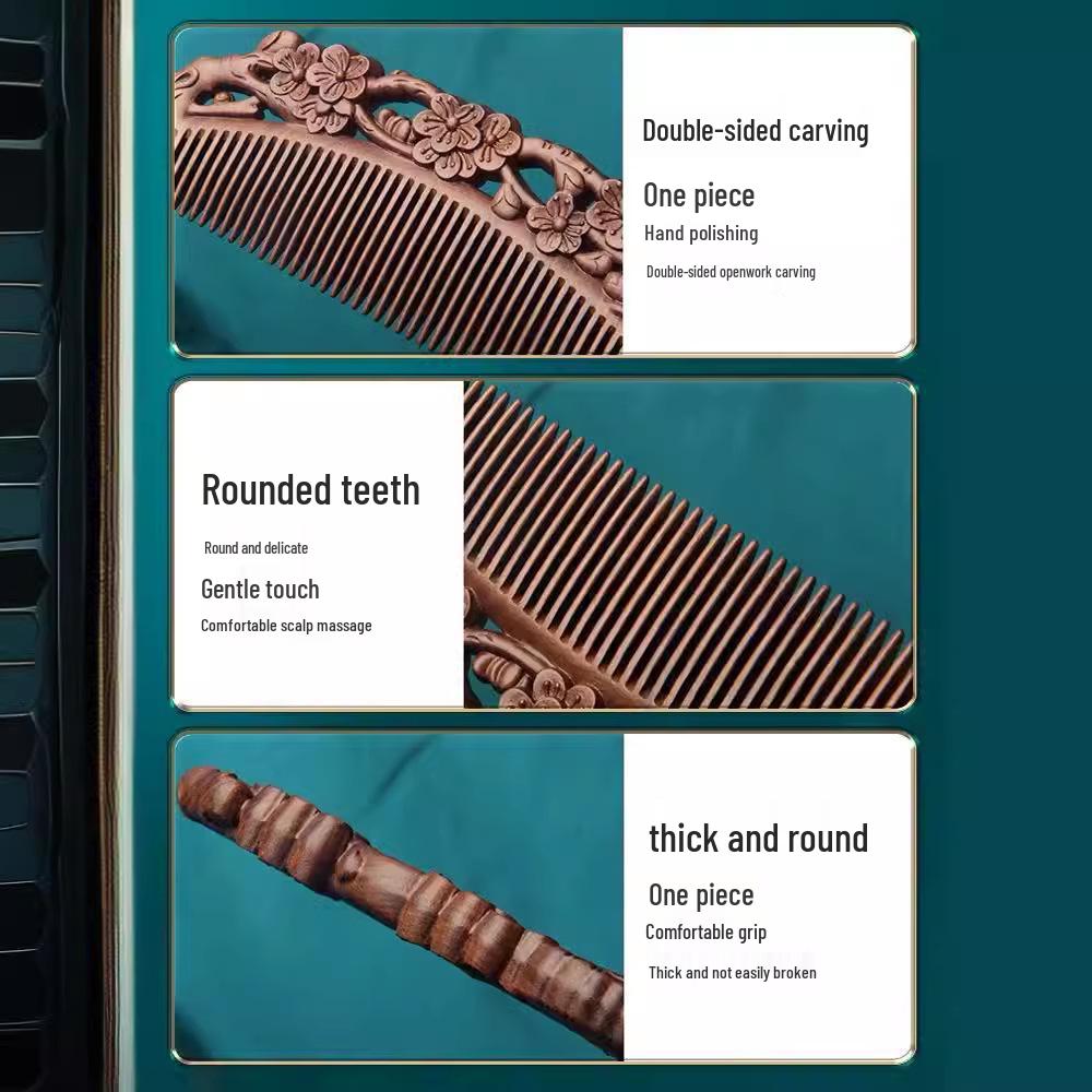 Black Gold Sandalwood Double-Sided Carved Women's Comb - Smooth Hair Care and Meridian Massage Portable Wooden Comb