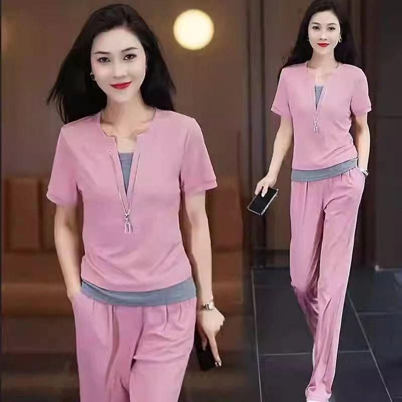 Short-sleeved Casual Sports Suit for Women, Summer Fashion, Age-reducing Vacation, Two-piece Top, Straight-leg Pants, Two-piece Set