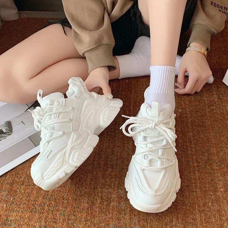 Fashion New Chunky Women's Sneakers Internal Increase Leather Casual White Ladies Shoes Trainer Platform Sneaker Womens Zapatillas Mujer