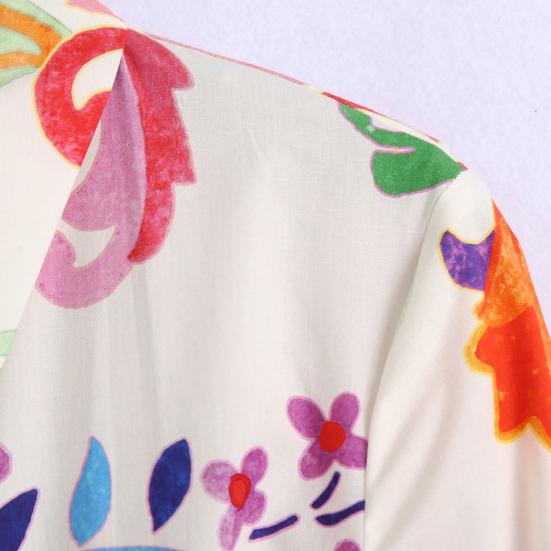 Floral Print Women Dress Turn-down Collar A-Line 45720 Sleeve Single-breasted Mid-Calf Shirt Dress