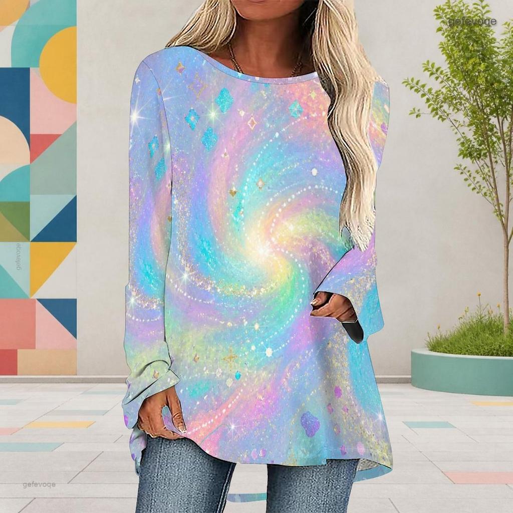 Women Plus Size Round Neck Long Sleeve Rainbow Galaxy Printed Loose High Low Hem Shirt