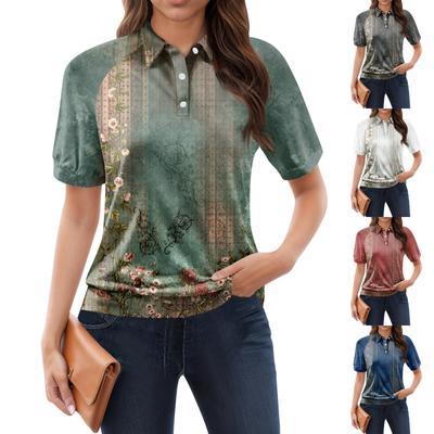 Kvinnors avslappnade blommönster med V-ringad kortärmad dekorativ T-shirttopp med knapp