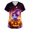 Women's V-neck Halloween Printed Short-sleeved Pocket Side-slit Protective Suit Top