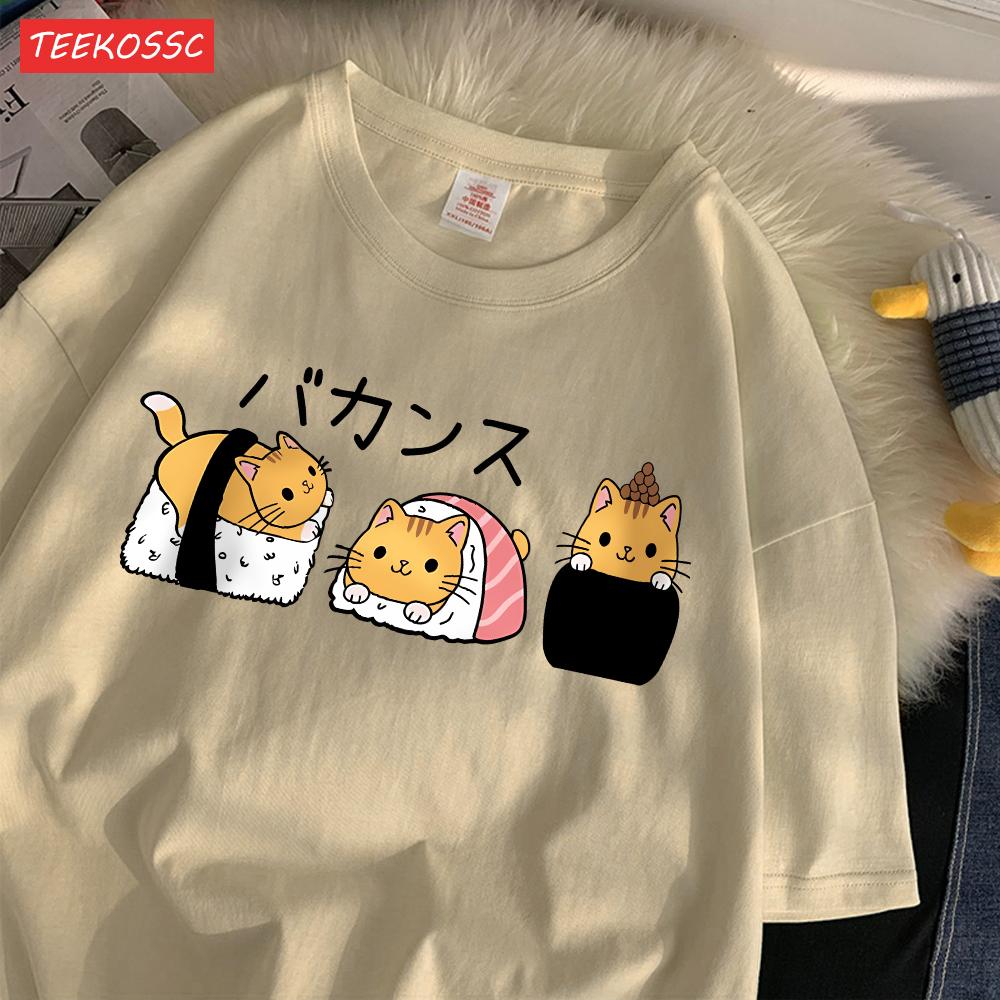 

Модные хлопковые женские футболки с японским милым котом и принтом суши, с коротким рукавом, оверсайз, с круглым вырезом, мягкие, летние, повседневные, женская одежда S