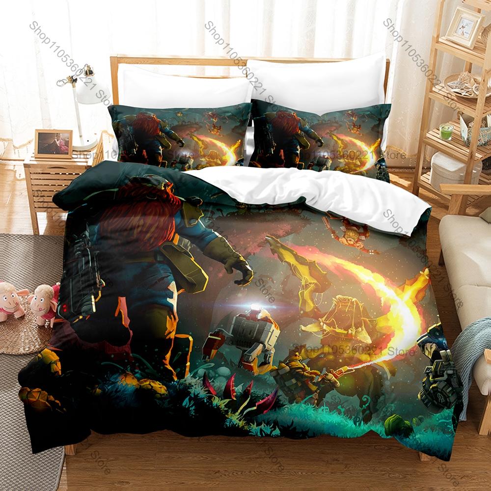 Deep Rock Galactic Dark Cave Space Mining Game Bedding Set Duvet Cover + 2 Pillowcases Teen Gaming Room Decor
