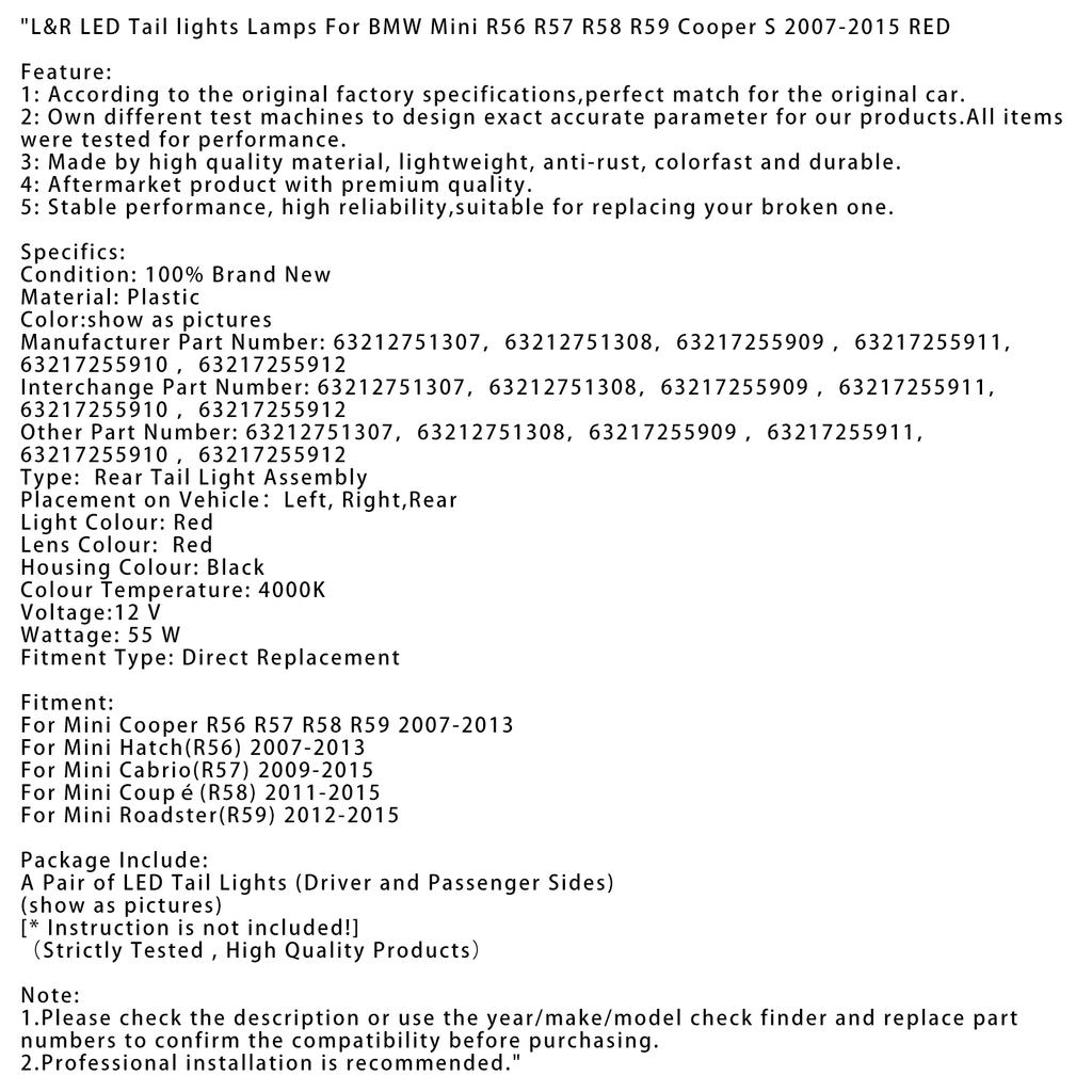 L&R LED Tail lights Lamps For BMW Mini R56 R57 R58 R59 Cooper S 2007-2015 RED