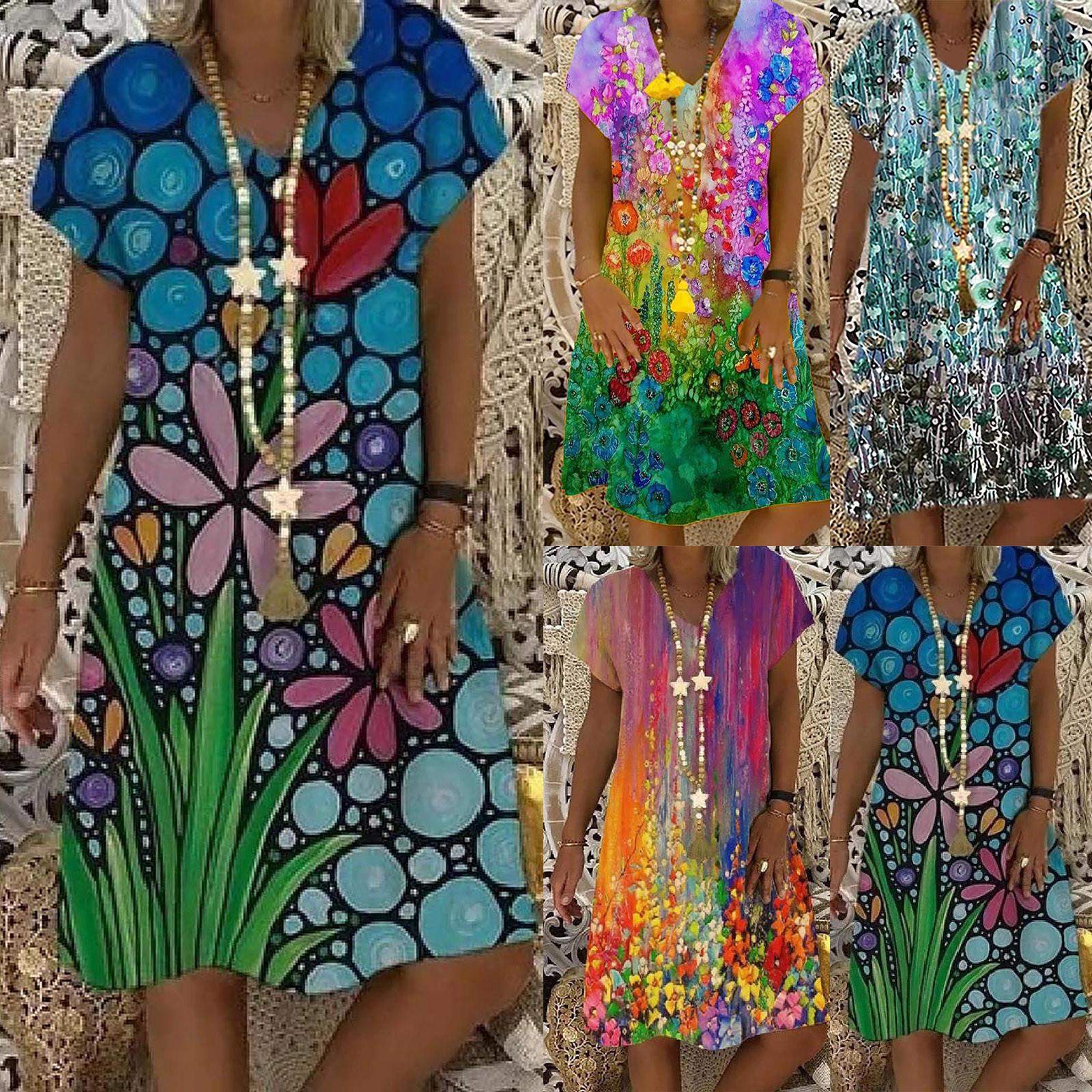 

Женские летние свободные пуловеры с короткими рукавами и v-образным вырезом в народном стиле с принтом