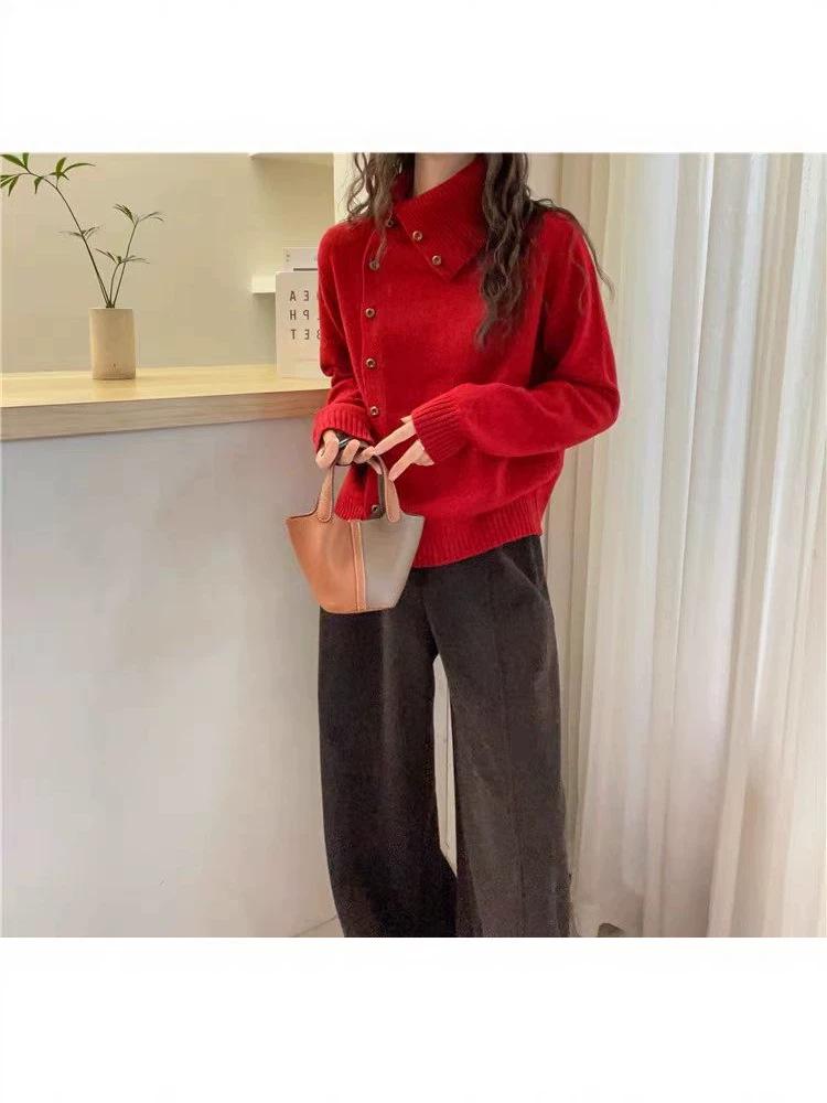 Autumn/Winter Women's 100% Wool High Neck Slanted Button Soft Knit Cardigan - Versatile Long Sleeve Sweater