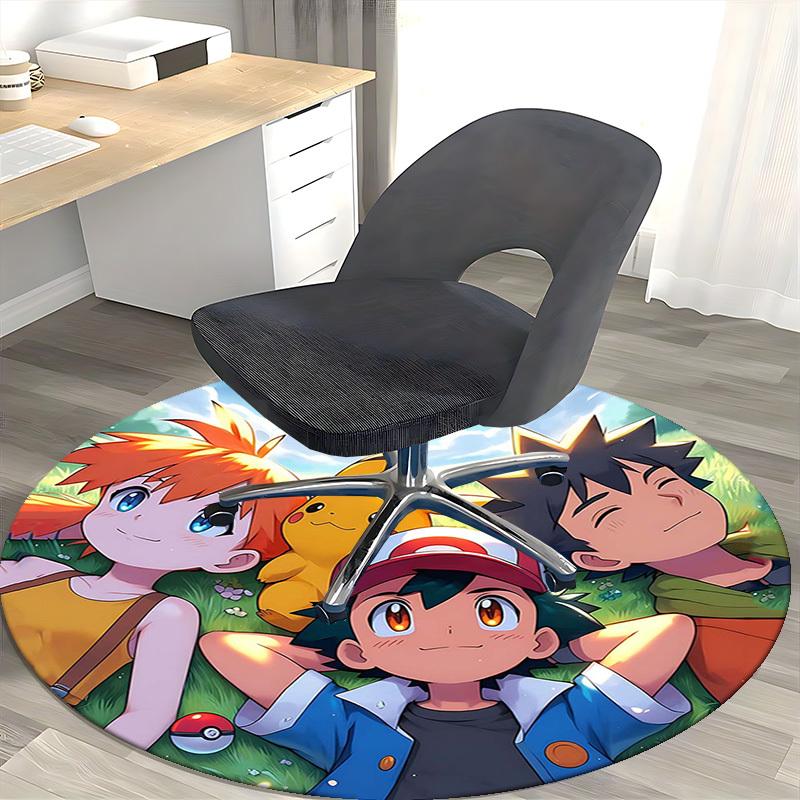 1 szt. Okrągły dywanik Pokémon Pikachu i Przyjaciele - Mata na krzesło z motywem anime, Prezent do biura, Dekoracja sezonowa, Nadaje się do domu, Salonu