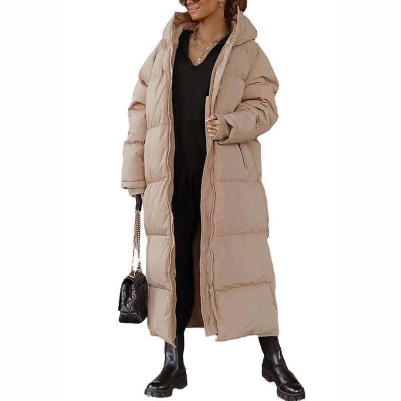 Winter Hooded Long Coat Women Elegant Pocket Long Sleeve Jacket  Loose Zipper Thick Warm Outwear