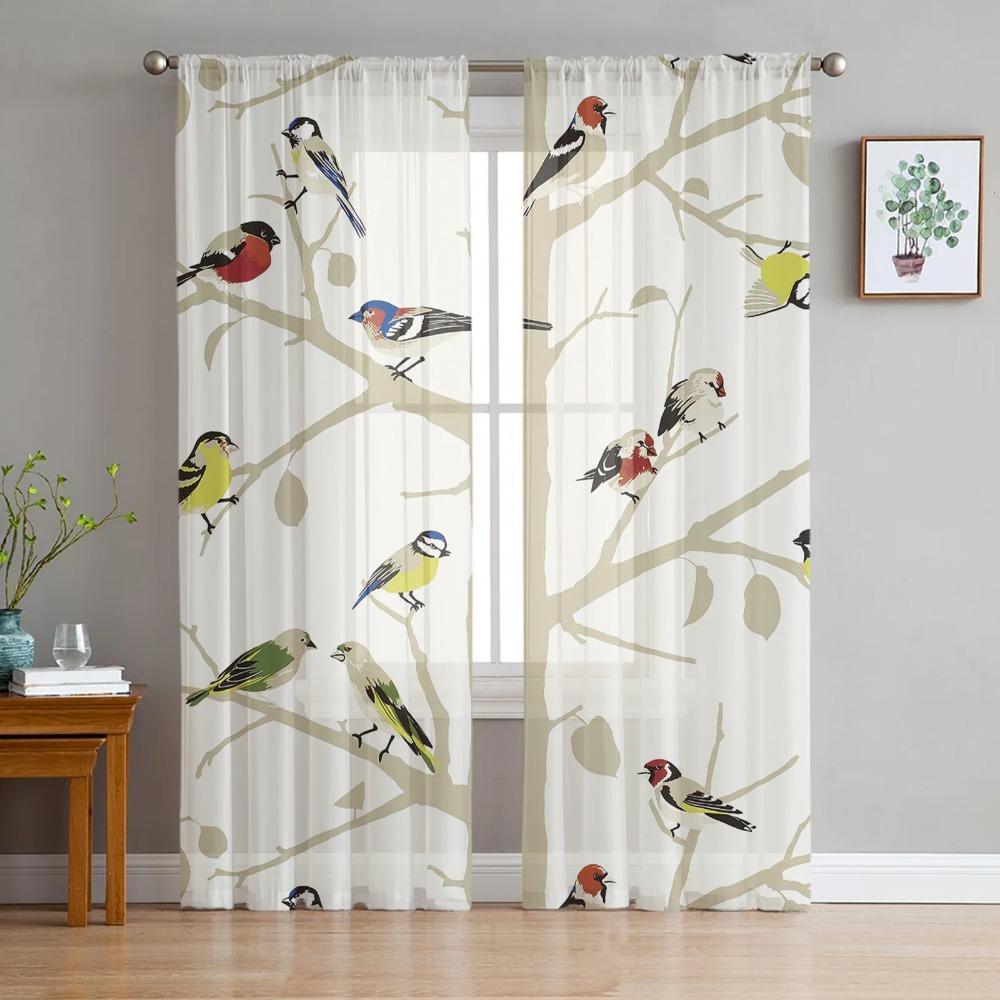 Animal Warbler Bird Tropical Flower Leaf Butterfly Tulle Sheer Curtains Living Room Bedroom Window Curtain Voile Organza Drapes
