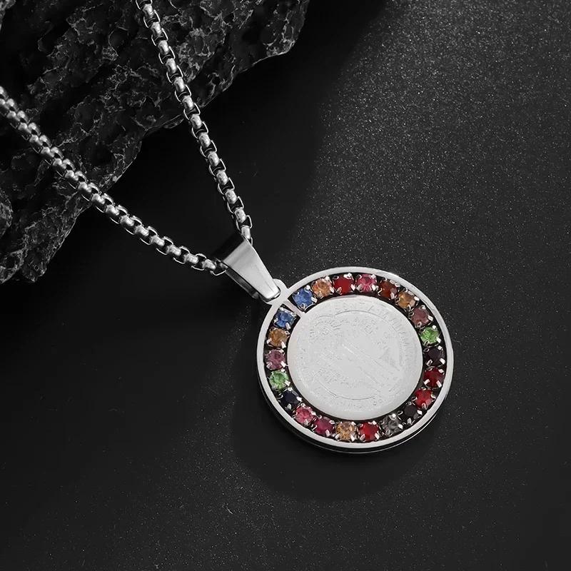 Stainless Steel Colored Zircon Saint Benedict Cross Medal Pendant Necklace Women's Fashion Lucky Amulet Jewelry