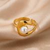 Luxury 18K Gold Plated Open Wrap Ring, Abstract Swirl Pearl Adjustable Minimalist Stainless Steel Jewelry Gift for Women