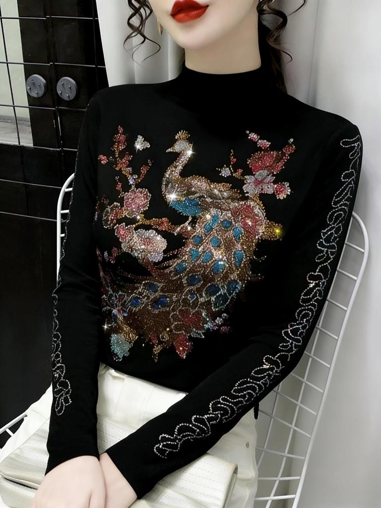 De Rong Women's Autumn/Winter Semi-High Neck Rhinestone Long-Sleeve T-Shirt