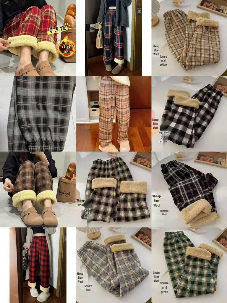 Women's High-Waisted Plaid Wide-Leg Pants - Autumn/Winter Casual Velvet Trousers