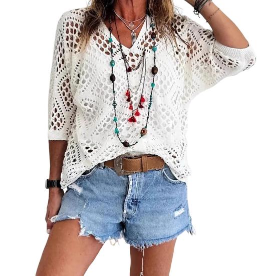 Women Tops Solid V-Neck 45720 Sleeve Knitting Color Loose Fit Cover