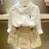 Girls' Peter Pan Collar Embroidered Bear White Shirt, Korean Style, Long Sleeve for Autumn & Summer