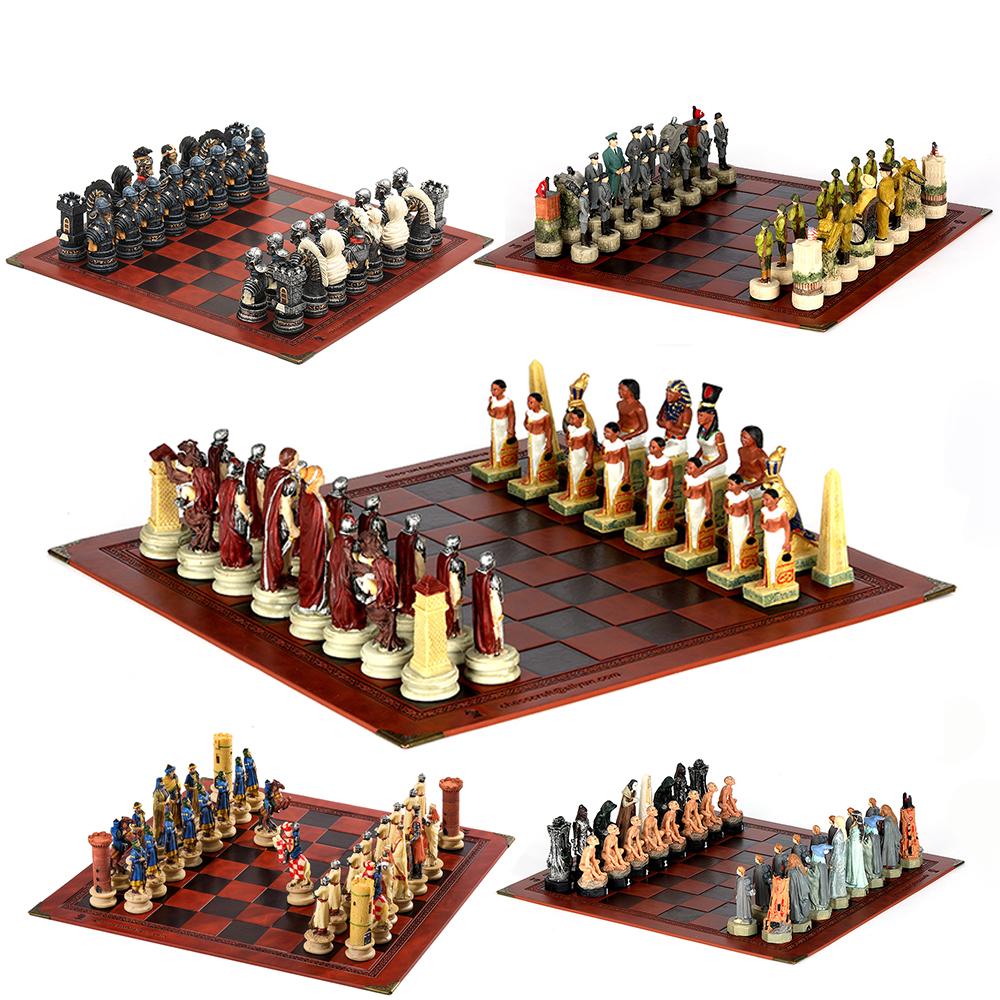 Role Theme Chess Set - Resin Material And Hand-Painted With Embossed Leather Chess Board - 32 Pieces - Ideal Gift Board Game