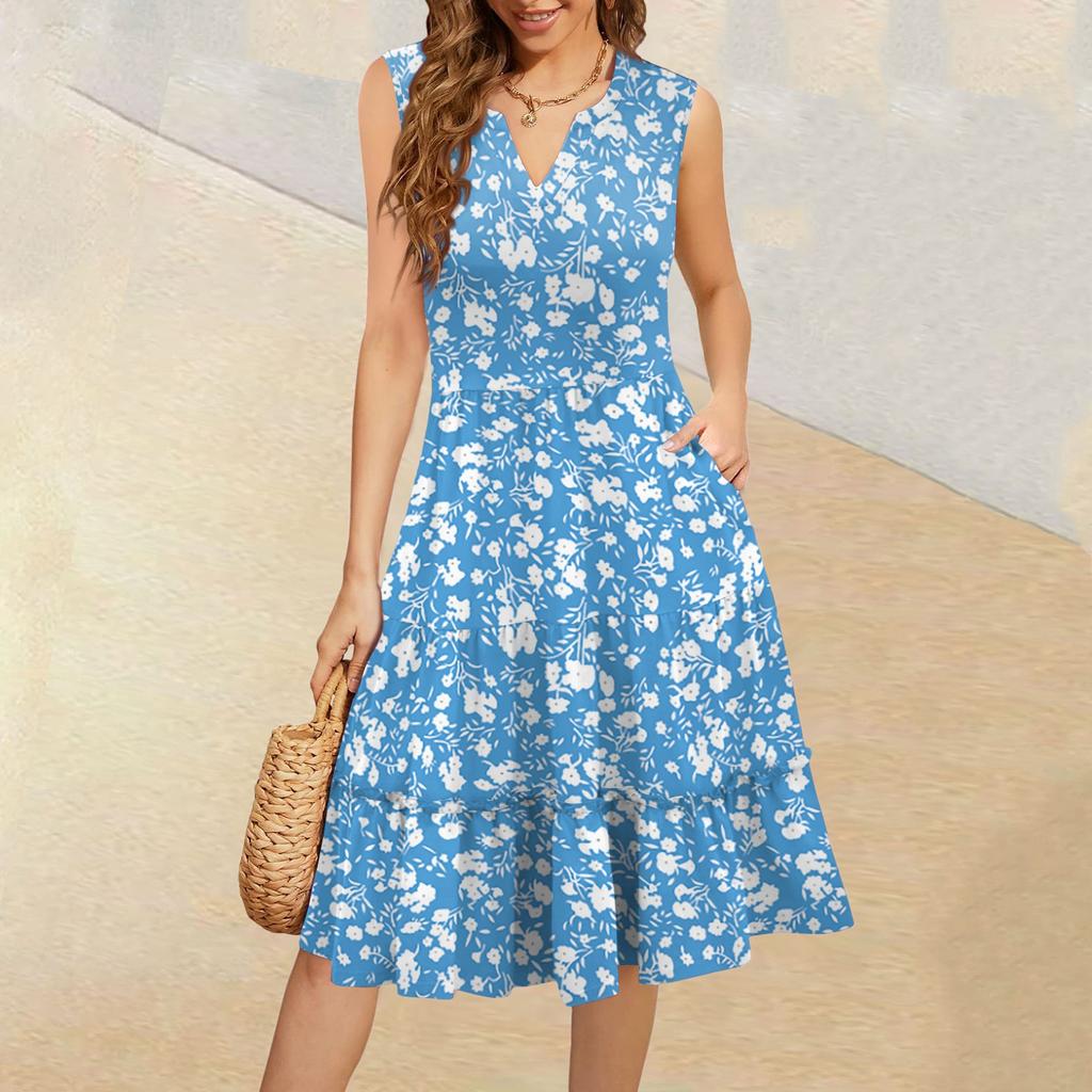 Dámské letní ležérní plisované šaty s volánky ve vintage květinovém stylu s výstřihem do V a bez rukávů