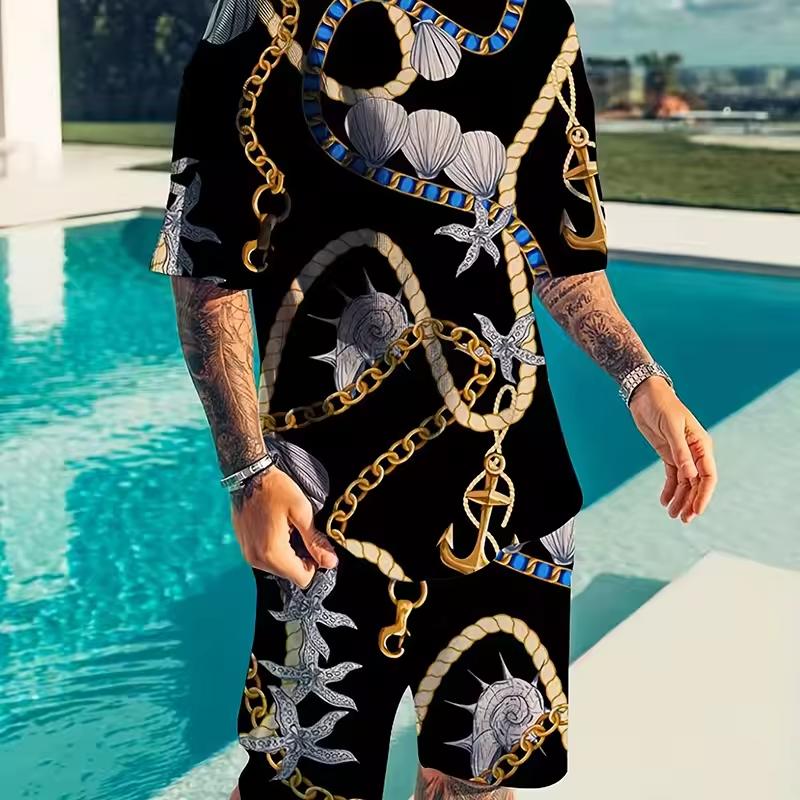 Men's 3D Printed Casual Sports Fashion Set, Breathable and Refreshing Running and Fitness Shorts, Oversized Y2K Style Street Wear, Summer