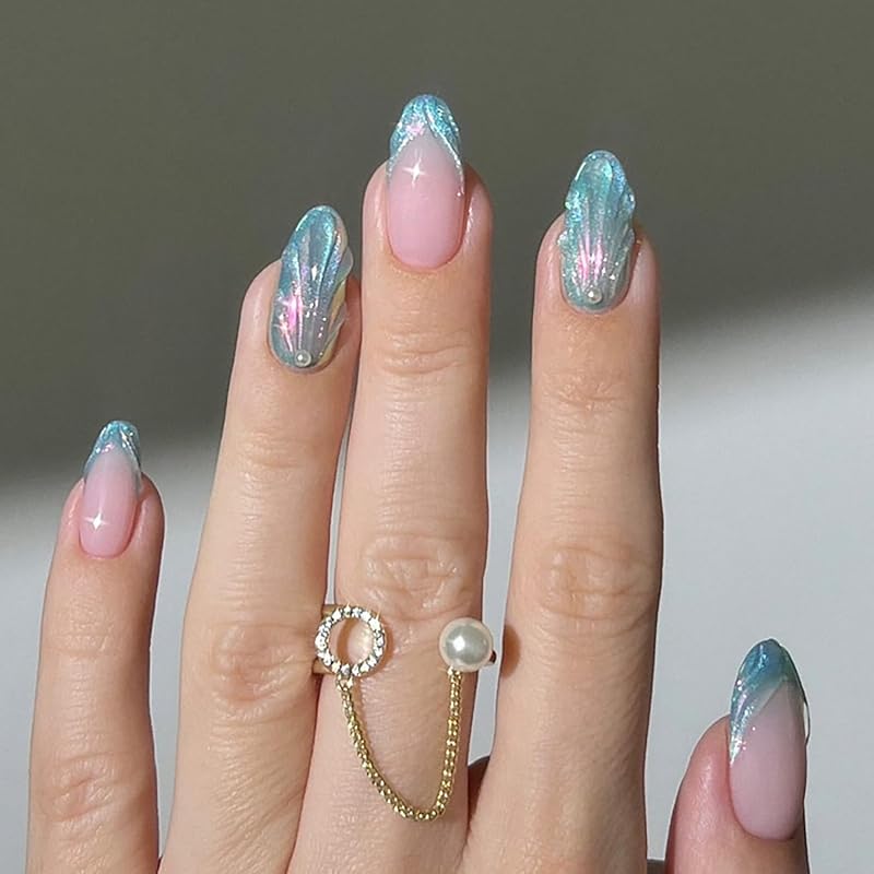 24Pcs Summer Fruit Press on Nails Medium Almond Fake Nails Lemon Blueberry Designs Full Cover Stick on Nails Artificial Cute Nails White French Tip French Tip Fake Nails-10