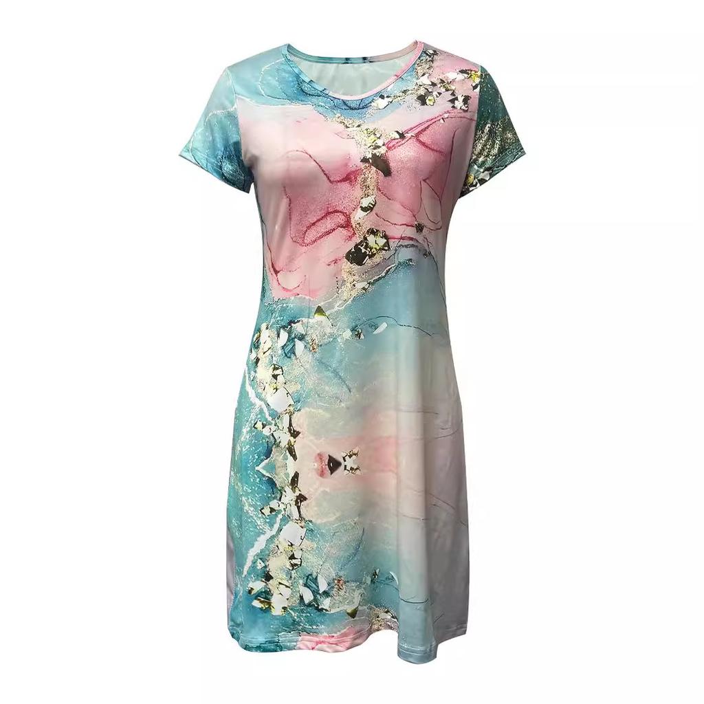 GMXIA Spring Summer Print Elegant Short-sleeved Crewneck Mid-length Dress