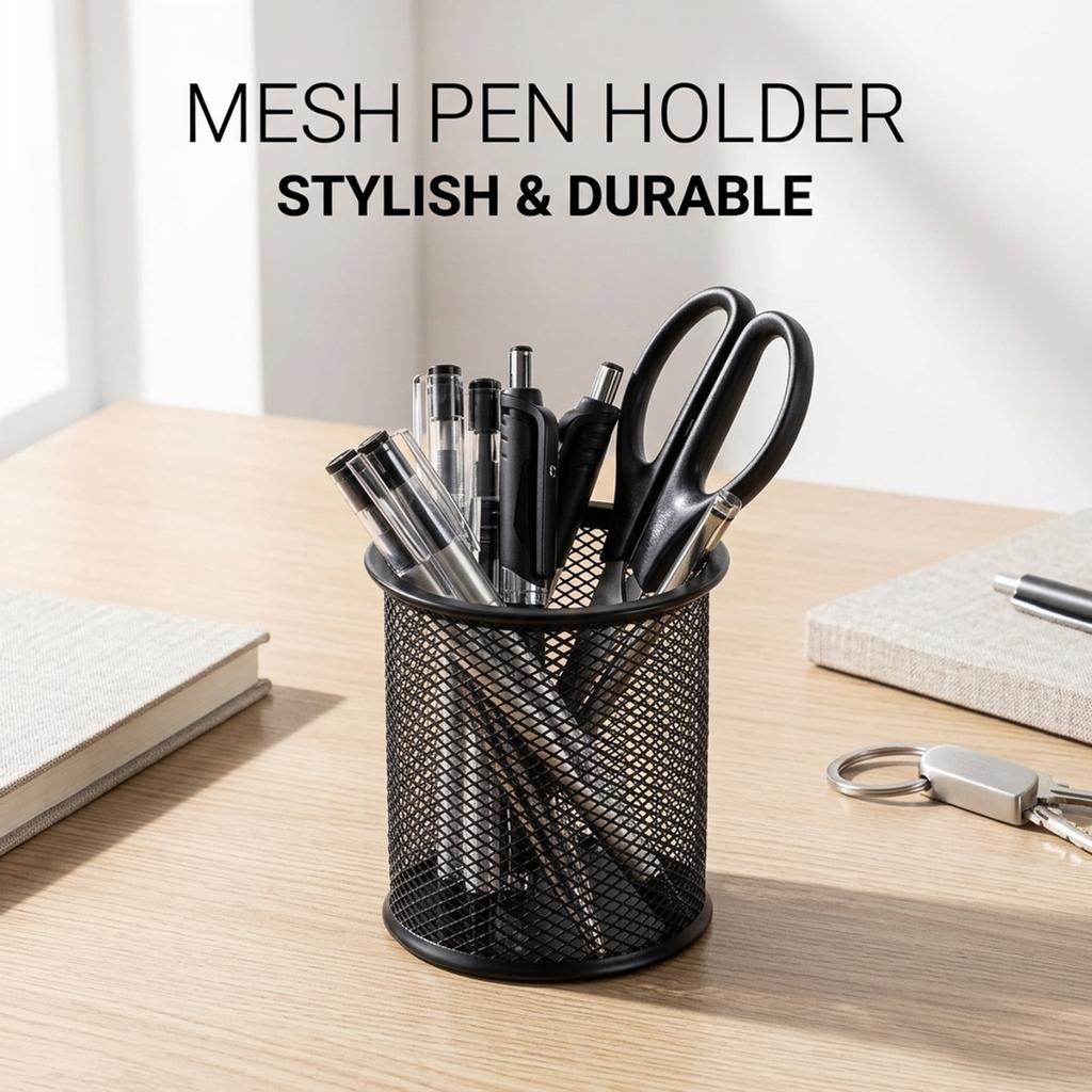 Black Metal Small Pen Holder, Compact Desk Pencil Cup, Square Space-Saving Organizer for Office Home