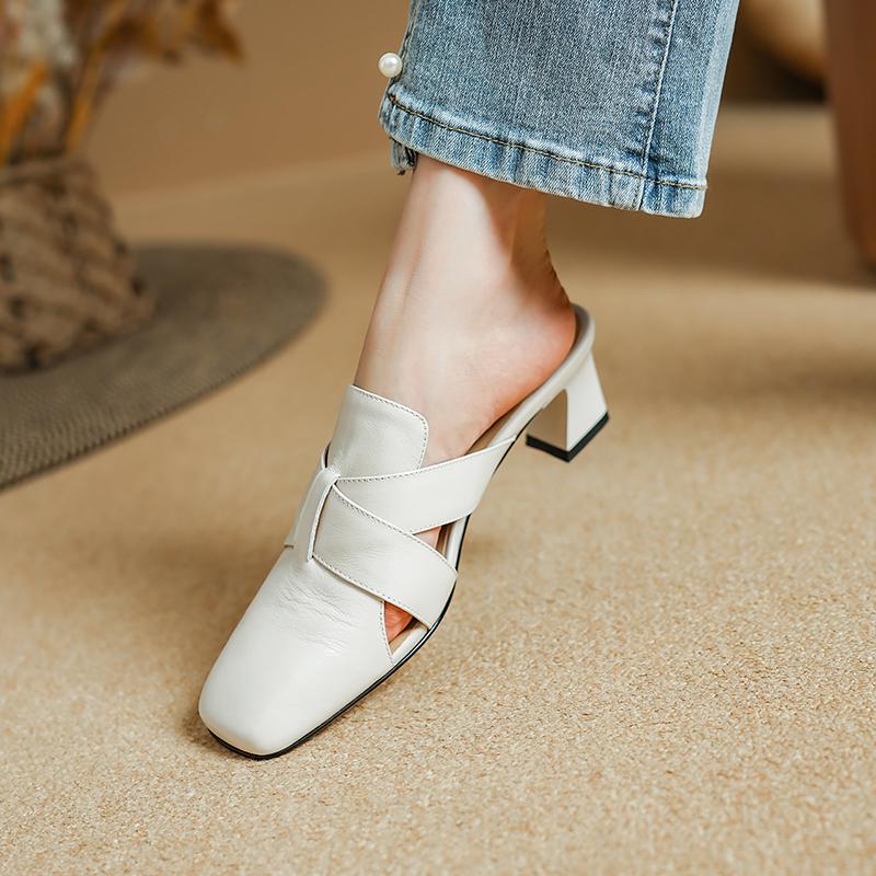 Fashion 2024 Summer Women Mules Genuine Leather Women Shoes Square Toe High Heel Slippers Cover Toe Slingback Sandals Embroidery Shoes