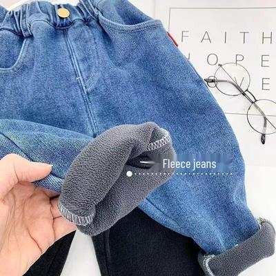 Boys' Fleece-Lined Jeans: 2023 Autumn Style Elastic Pants for Small & Medium Kids
