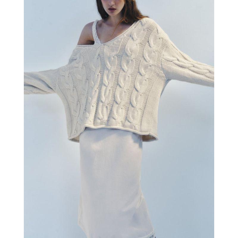 Za Autumn New Pullover Sweater Women's Loose and Lazy Style Curling V Neck Eight-Strand Woven Knitwear 4331123