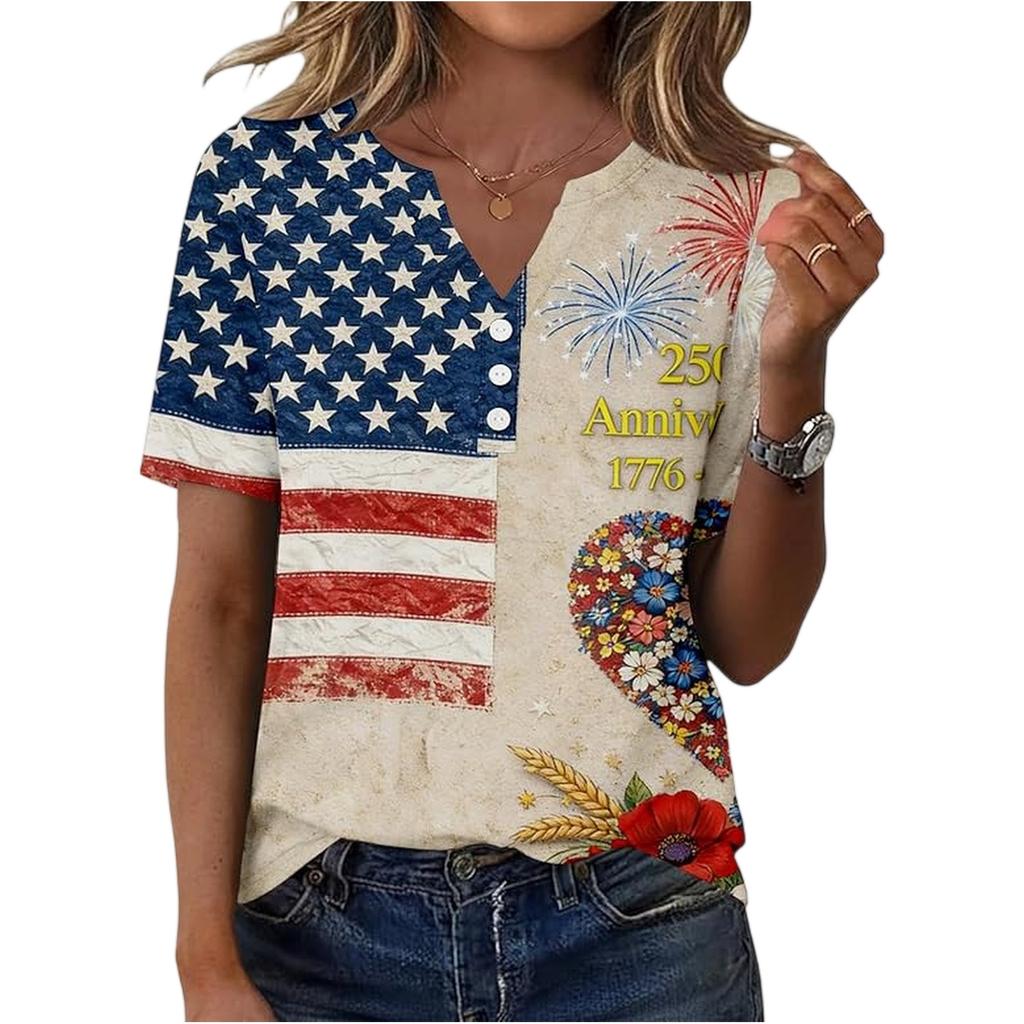 Women’s Short Sleeve Henley Neck T Shirt with Flag and Floral Print Button Casual Loose Fit Top