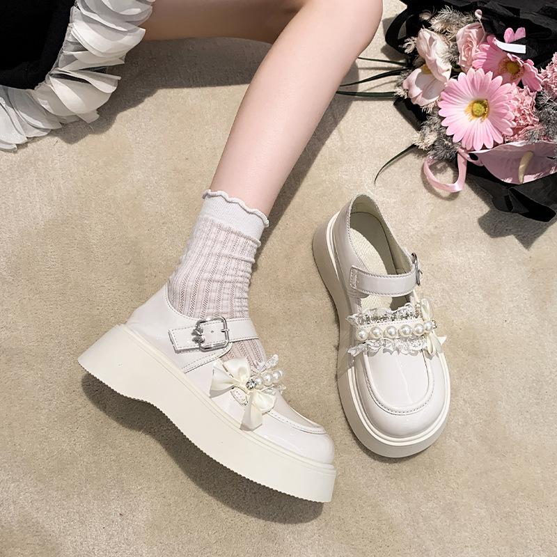 Platform Mary Jane small leather shoes spring and autumn new bow pearl French retro with skirt jk single shoes