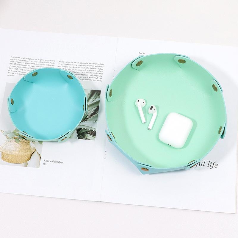 1PC Foldable Round PU Leather Tray Desktop Organizer for Jewelry Cosmetics Keys Multi-purpose Storage Box for Home Office