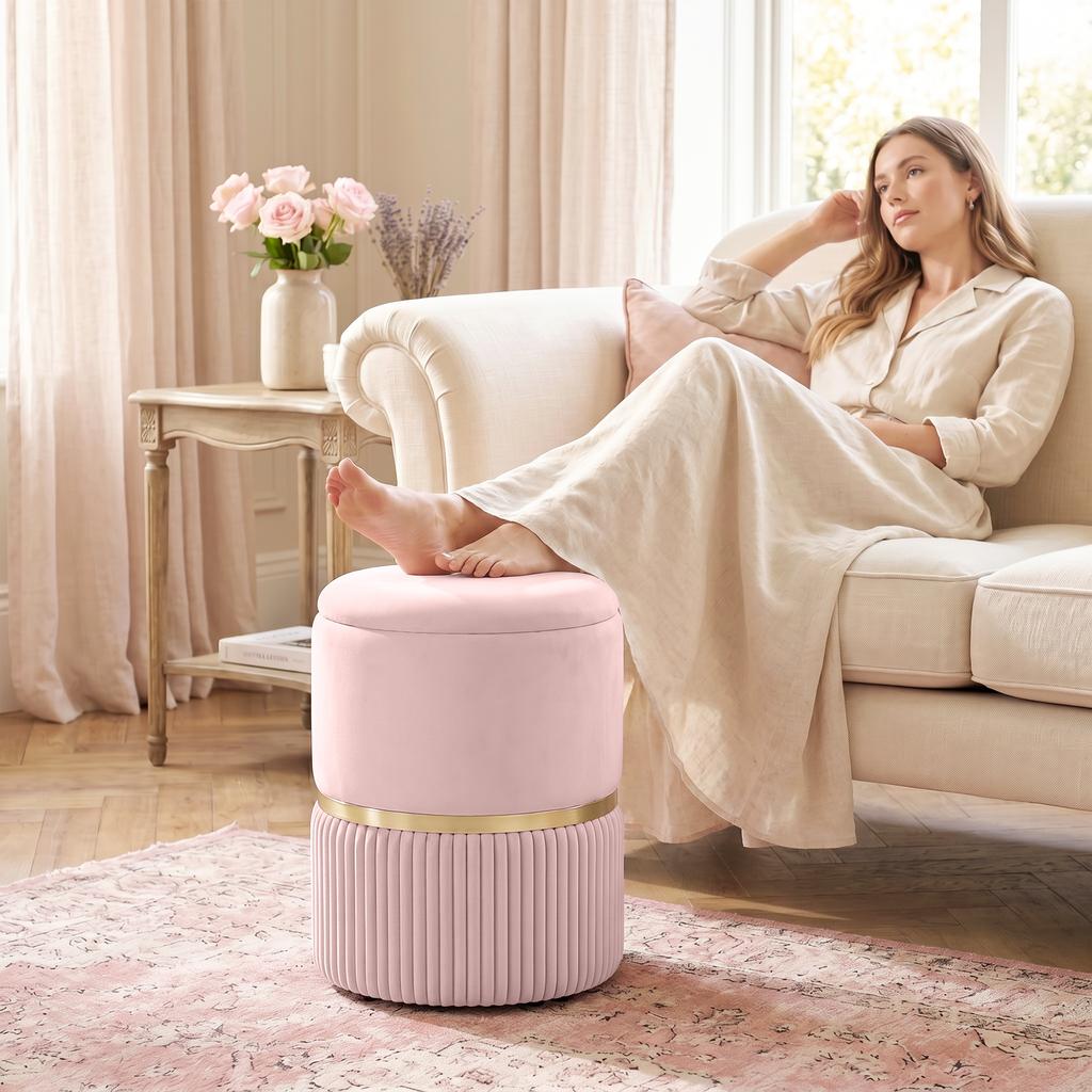 Pouf Ottoman Footrest Storage Box In Corduroy Velvet 36 X 36 X 44 Cm For Living Room Bedroom Pink