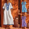 Damen Böhmisches Leinen Midi Kaftan Kleid V-Ausschnitt Stickerei Kurzarm Locker Lässig Strand Überwurf Kleid Mit Taschen