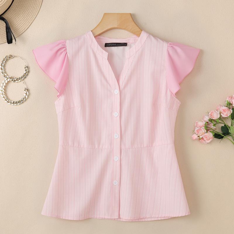 

ZANZEA Women V-Neck Summer Ruffles Short Sleeve Casual Stripe Blouse 4XL розовый