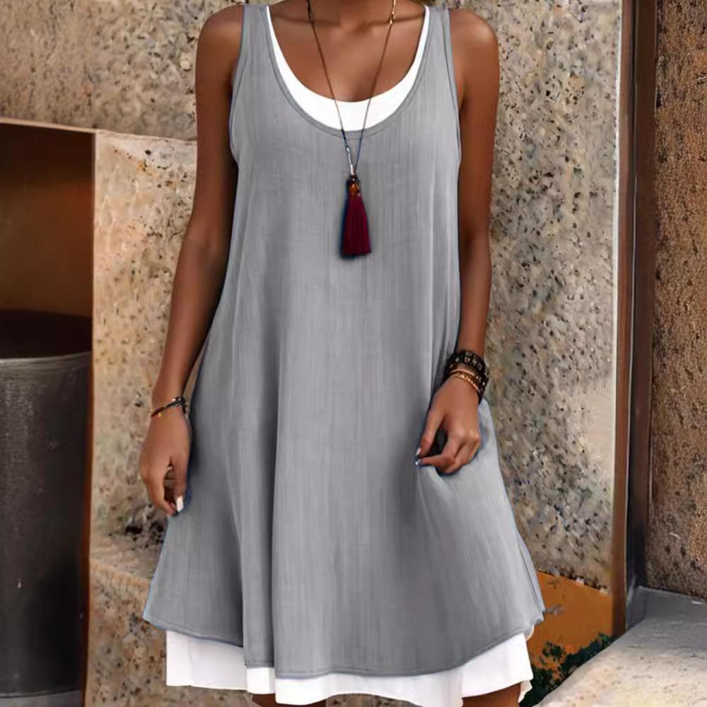 Women's Sleeveless Fake Two-Piece Vest Dress, Casual A-Line Midi Dress, Loose Fit, Color Block Patchwork, U-Neck, Cotton Blend