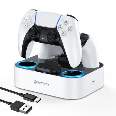 NEWDERY PS5 Kontrol Cihazı Şarjı Hızlı Şarj 2 Cihazı Şarj Edebilir Sadece Aşırı Şarj Kablosunu Yerleştirin LED Gösterge Lambası Beyaz Stand, Şarj